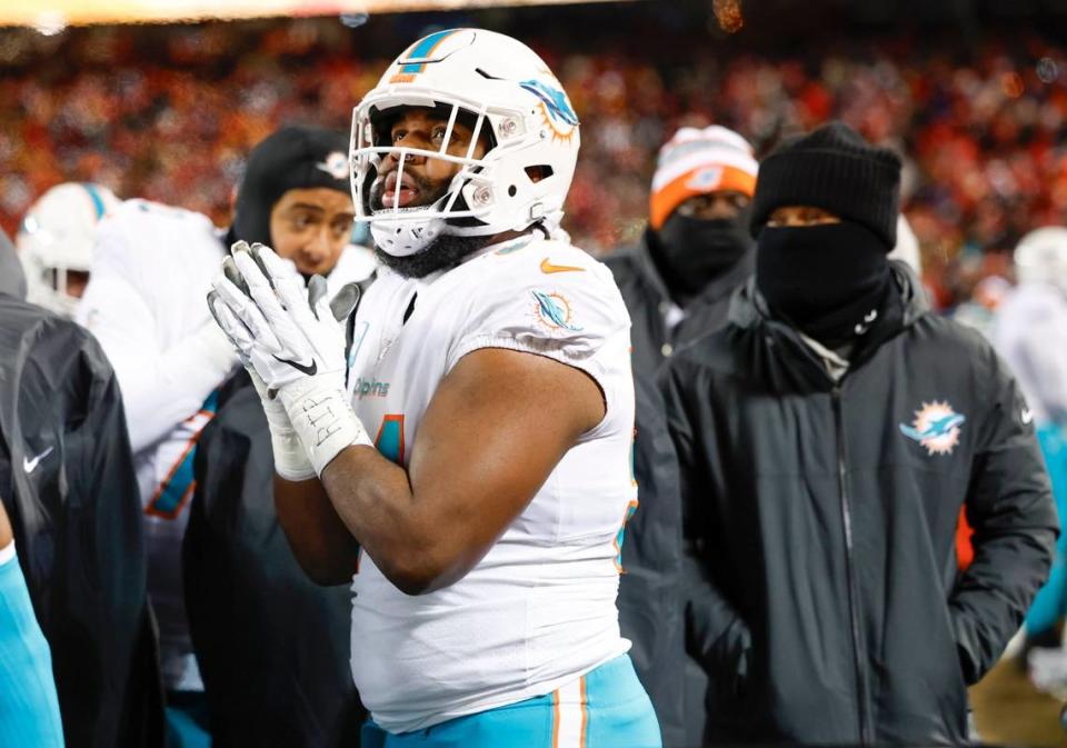 Miami Dolphins defensive tackle Christian Wilkins (94) on the sidelines in the second quarter against the Kansas City Chiefs at GEHA Field at Arrowhead Stadium in Kansas City, Missouri, on Saturday, January 13, 2024.