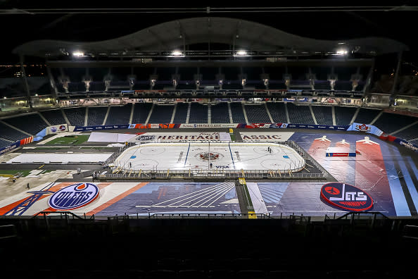 WINNIPEG, MB - OCTOBER 18: A look at field level after installation of the lines and logos into the ice surface in advance of the 2016 Tim Hortons Heritage Classic on October 18, 2016 at Investors Group Field in Winnipeg, Manitoba, Canada. (Photo by Jonathan Kozub/NHLI via Getty Images)