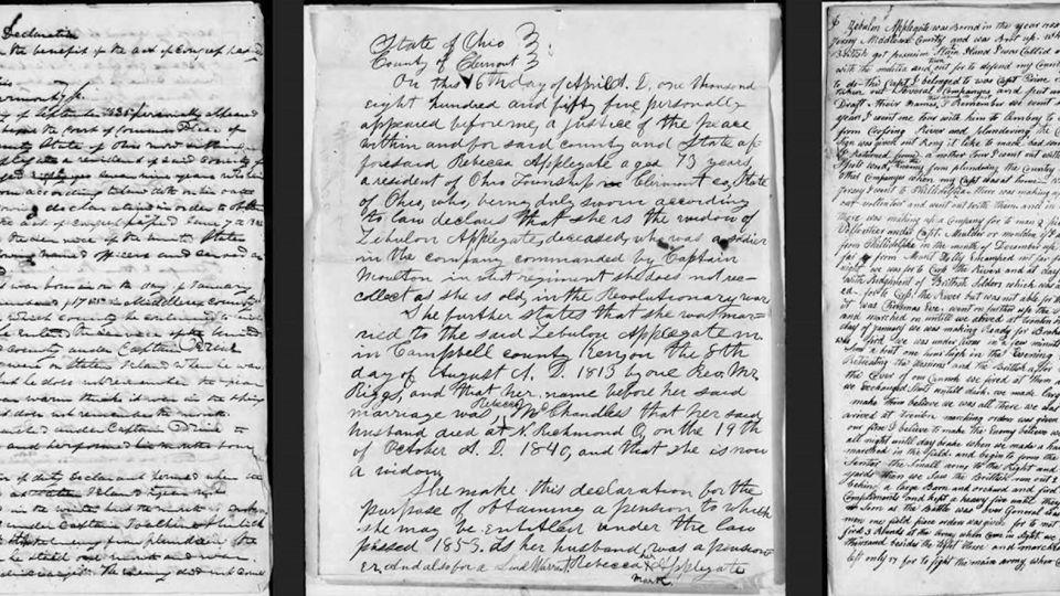 The first page of narrative testimony for the pension application of Zebulon Applegate under the Act of 1832 is at left. The first page of narrative testimony for the pension application of Rebecca Applegate under the Act of 1853 is at center, and the written testimony of Zebulon Applegate in his own hand is at right. - National Archives and Records Administration