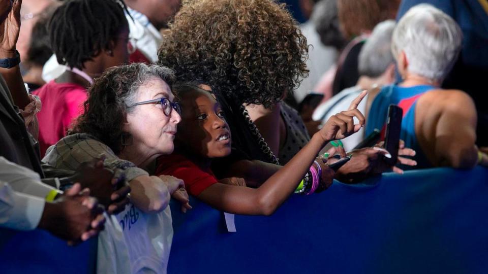 Guests await the arrival of Vice President Kamala Harris prior to a campaign event at James B. Dudley High School on Thursday, July 11, 2024, in Greensboro, N.C.