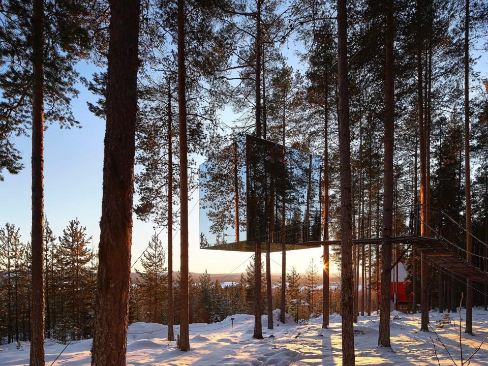 Mirrorcube Tree hotel is nearly invisible in the trees.
