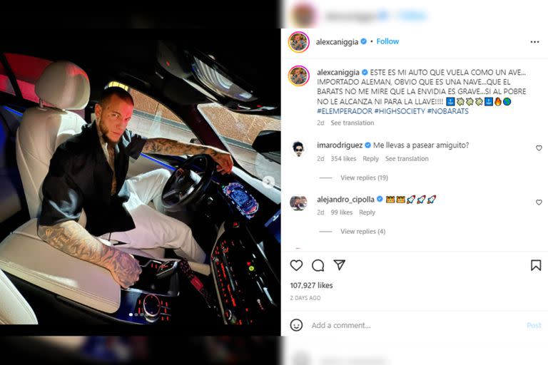 Alex mostró su nuevo auto (Foto Instagram @alexcaniggia)