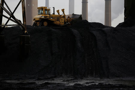 FILE PHOTO: A bulldozer moves coal at the Murray Energy Corporation port facility in Powhatan Point, Ohio, U.S., November 7, 2017. REUTERS/Joshua Roberts/File Photo