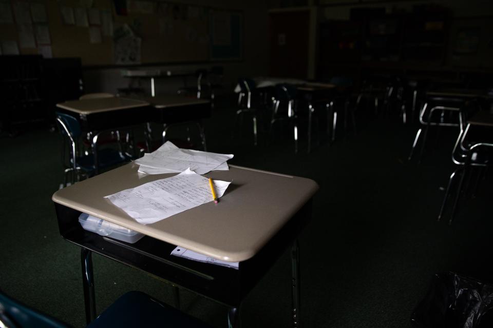 A Warren Elementary School student's work is spread out on a desk on Tuesday, May 14, 2024. The school is set to close this summer after a South Bend school board vote last year.