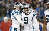 FILE PHOTO: Jan 24, 2016; Charlotte, NC, USA; Carolina Panthers kicker Graham Gano (9) celebrates a field goal during the first quarter against the Arizona Cardinals in the NFC Championship football game at Bank of America Stadium. Mandatory Credit: Jason Getz-USA TODAY Sports