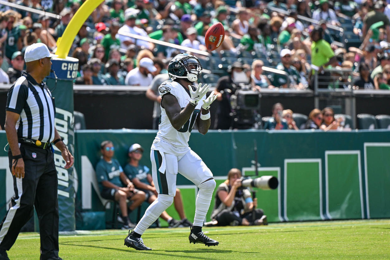 Parris Campbell of the Philadelphia Eagles catches kickoff during August 2024 preseason game. (Terence Lewis / Icon Sportswire via Getty Images)