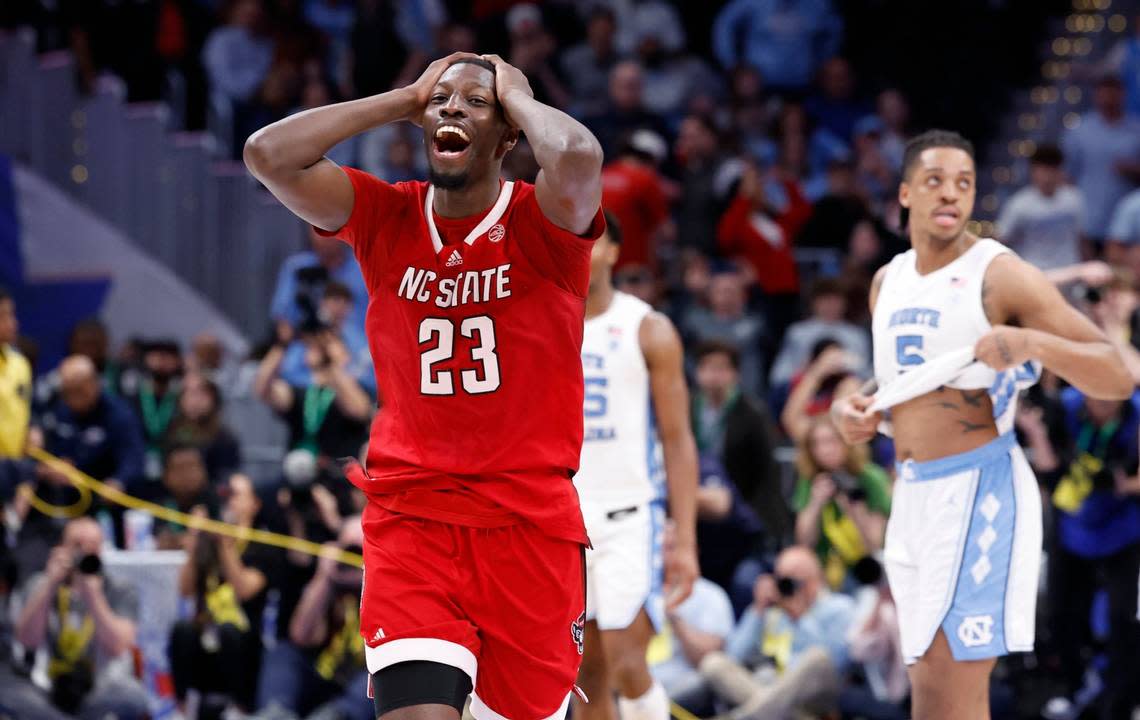 N.C. State’s Mohamed Diarra (23) celebrates as time runs out in the game during N.C. State’s 84-76 victory over UNC in the championship game of the 2024 ACC Men’s Basketball Tournament at Capital One Arena in Washington, D.C., Saturday, March 16, 2024.