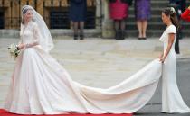 <p><strong>When: </strong>April 29, 2011 </p><p><strong>Where: </strong>Westminster Abbey in London</p><p><strong>Cost: </strong>£250,000 </p><p><strong>Designer: </strong>British designer Sarah Burton from Alexander McQueen </p><p><strong>Most royal detail: </strong>The long-sleeved, ivory satin bodice with floral-patterned, lace appliqué.</p>