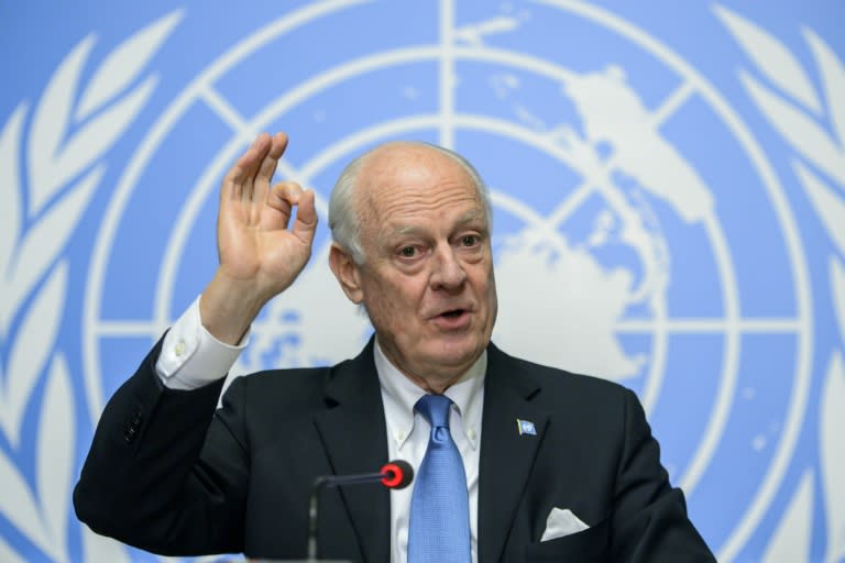 UN Syria envoy Staffan de Mistura gestures as he speaks during a press conference closing a round of Syrian peace talks at the United Nations Office in Geneva on March 24, 2016