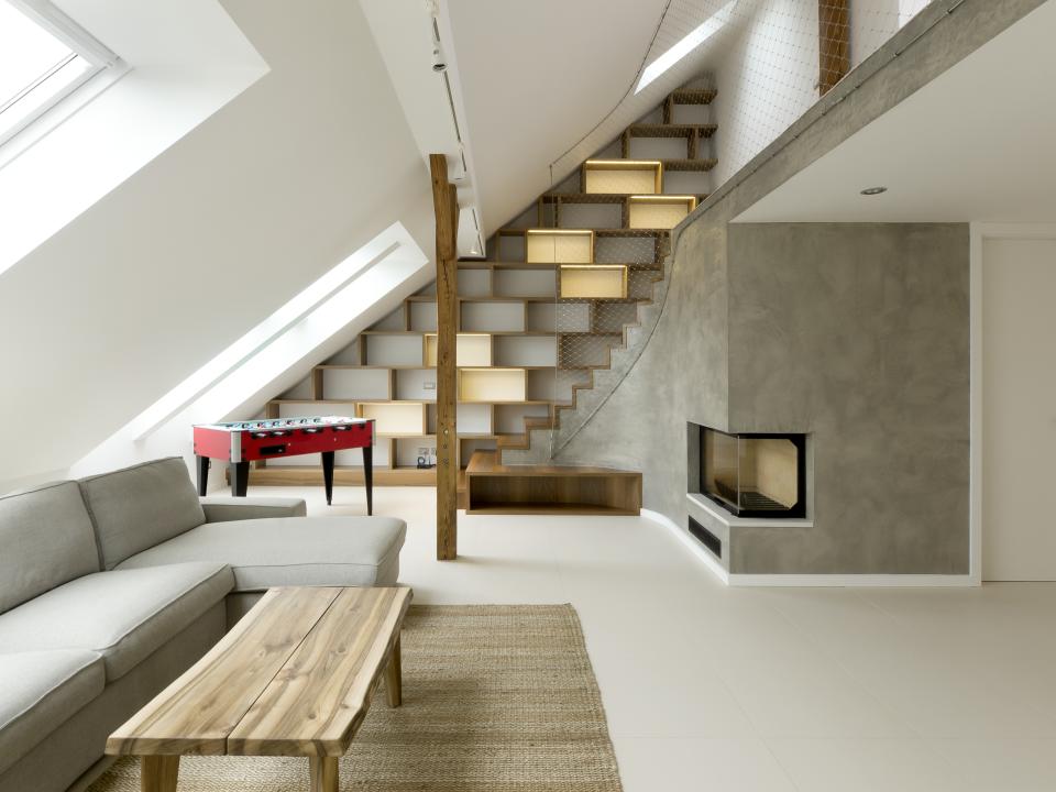 An entertainment room inside an attic