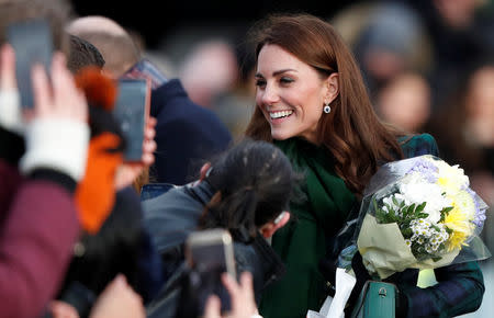 Catherine, Duchess of Cambridge greets the crowd after visiting the "V&A Dundee" museum in Dundee, Scotland, January 29, 2019. REUTERS/Russell Cheyne