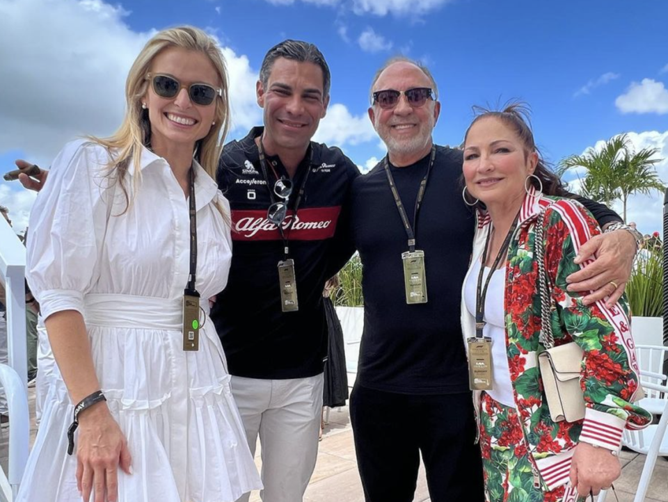 From left to right, Gloria Suarez, Mayor Francis Suarez, Emilio Estefan and Gloria Estefan pose together during Miami’s 2023 Formula One event.