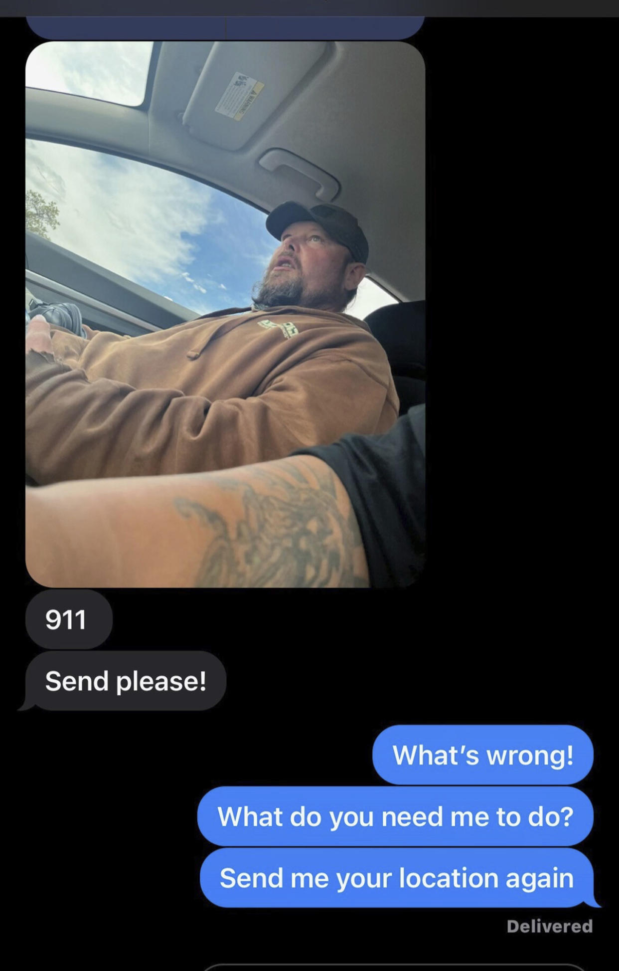 A text message exchange shows a photo taken by Qualin Campbell of a man in the passenger seat. Qualin Campbell’s texts read: 911 and Send please! His wife’s texts read: What’s wrong! What do you need me to do? Send me your location again.