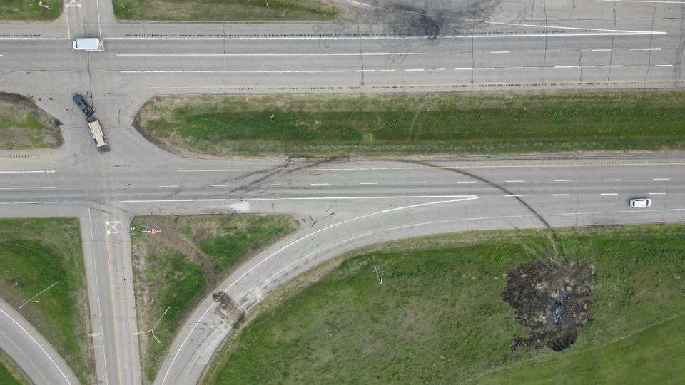 A drone photo of the highway intersection that was the site of a fatal crash near Carberry, Man., on June 15, 2023.