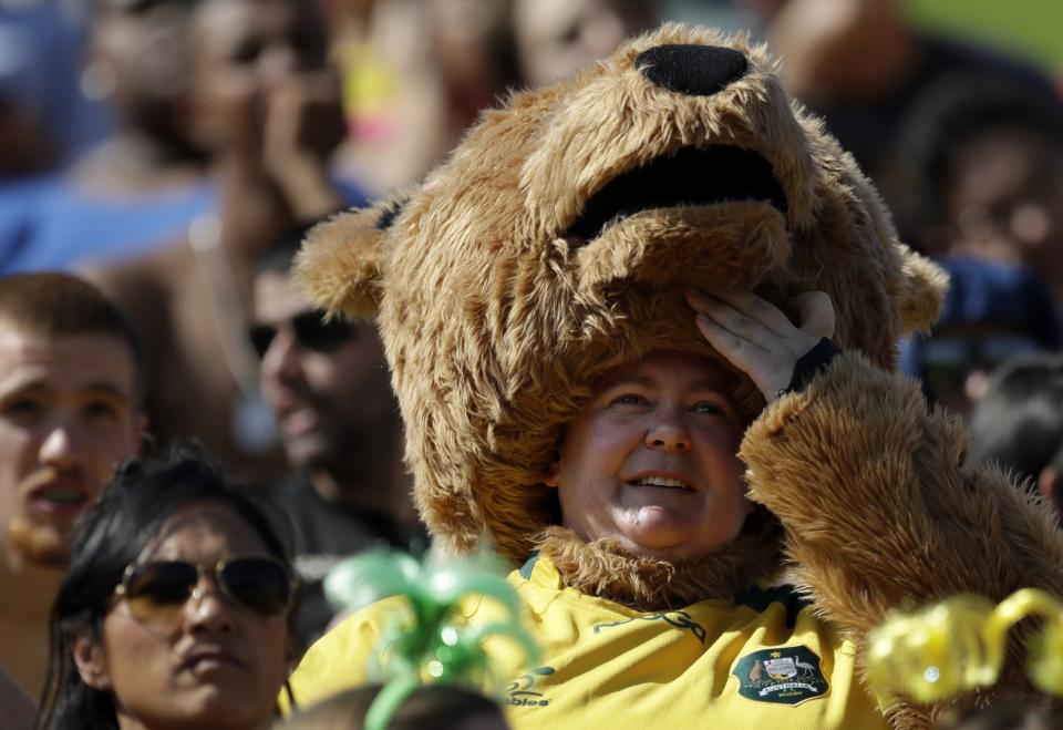 <p>Australian fan watches the women’s rugby sevens match between Australia and Colombia at the Summer Olympics in Rio de Janeiro, Brazil, Saturday, Aug. 6, 2016. (AP Photo/Themba Hadebe) </p>
