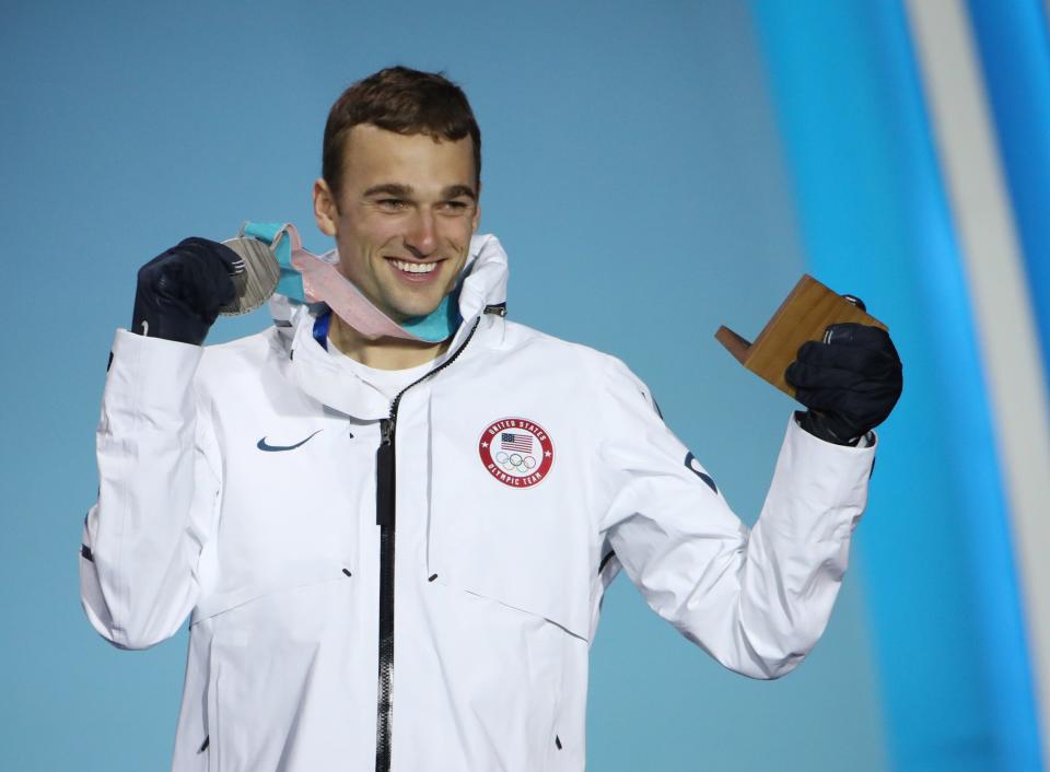 Silver medalist Nick Goepper (USA) during the medals ceremony for the ladies' 1500 short track speedskating in the Pyeongchang 2018 Olympic Winter Games at Medals Plaza.