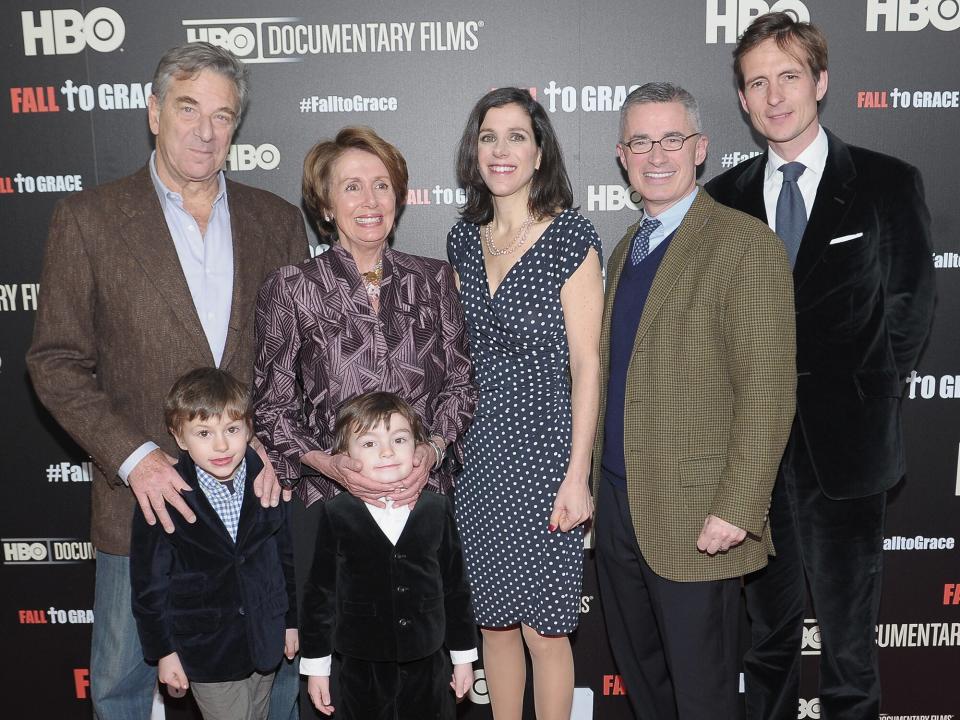 Paul Pelosi, his wife, Congresswoman Nancy Pelosi, their grandchildren Paul Vos (front L) and Thomas Vos, filmmaker Alexandra Pelosi, film subject, former NJ Governor Jim McGreevey and Alexandra's husband Michiel Vos attend the New York premiere of the HBO documentary Fall to Grace at Time Warner Center Screening Room on March 21, 2013 in New York City