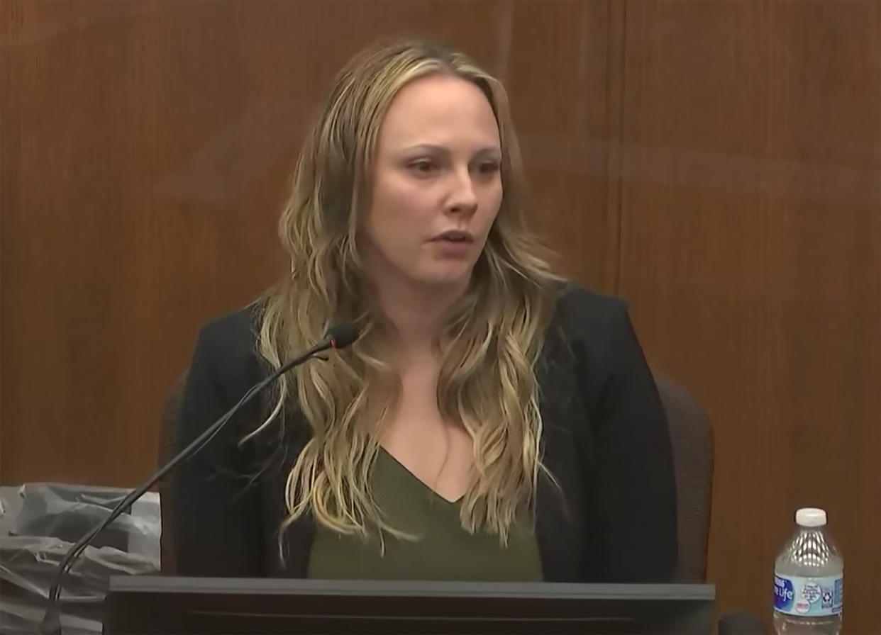 Melissa Loren, a forensic scientist with the Bureau of Criminal Apprehension testifies as Hennepin County Judge Regina Chu presides over court Monday, Dec. 13, 2021, in the trial of former Brooklyn Center police Officer Kim Potter in the April 11, 2021, death of Daunte Wright, at the Hennepin County Courthouse in Minneapolis, Minn. (Court TV via AP, Pool)