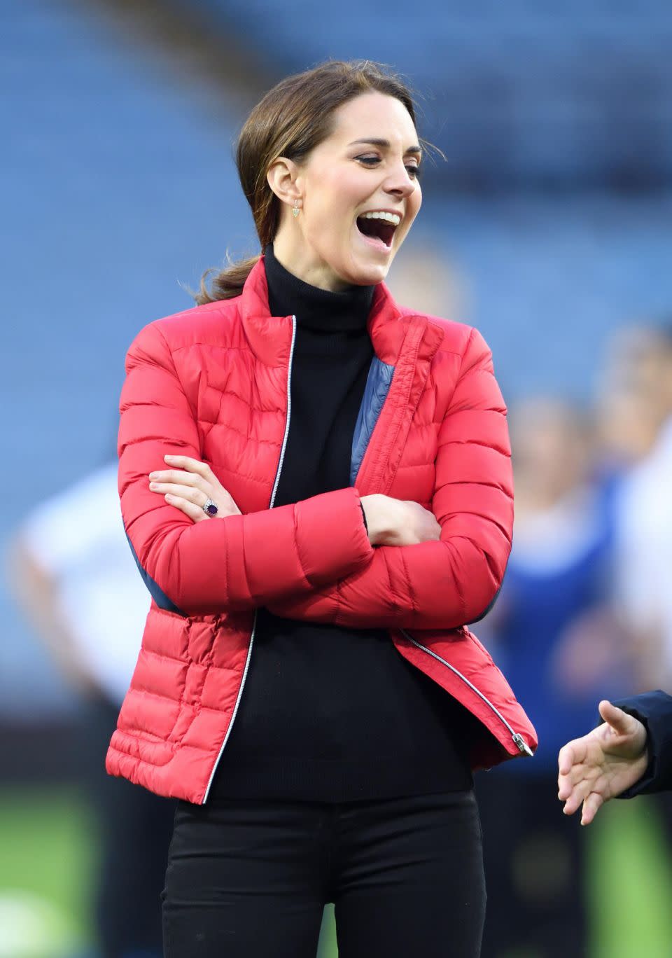 The usually composed 35-year-old royal made an official visit to Aston Villa Football Club yesterday, where she met with people from the Coach Core mentoring program. Photo: Getty Images
