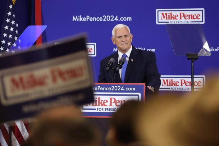 Former Vice President Mike Pence addresses his supporters as he formally announces, June 7, 2023, his candidacy for the GOP nomination for president.