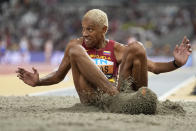 Yulimar Rojas, of Venezuela, checks her distance on the board in an attempt in the Women's triple jump final during the World Athletics Championships in Budapest, Hungary, Friday, Aug. 25, 2023. (AP Photo/Matthias Schrader)