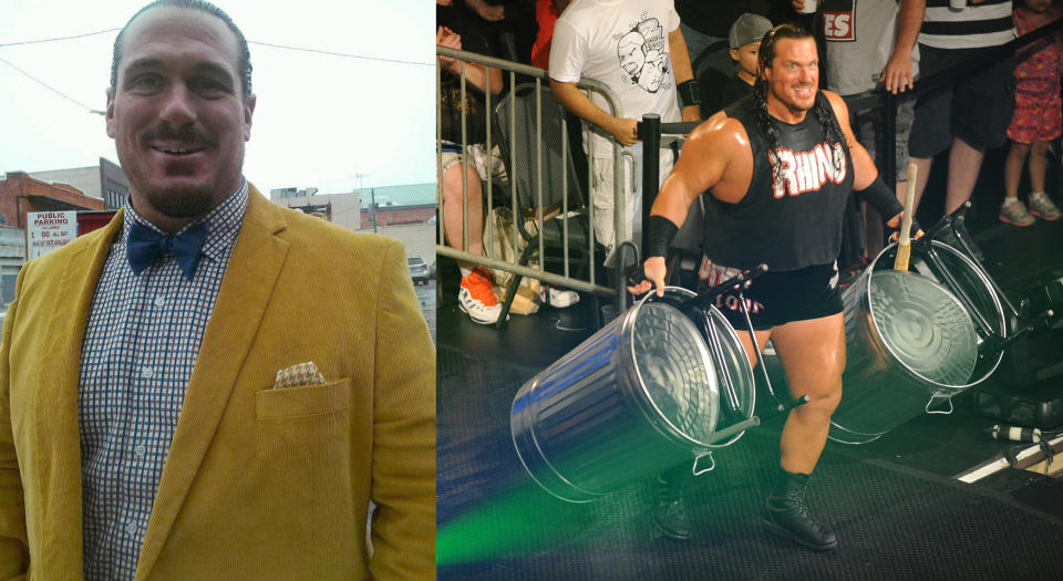 Terrance Guido Gerin and Gerin as wrestler, 'Rhino' at The Stars of TNA Impact Wresling in 2014. (Photos: terranceguidogerin.com, Jackie Brown/Splash News)