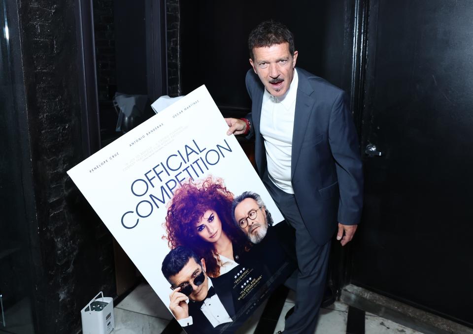 Antonio Banderas with a poster for "Official Competition" at the film's Tribeca Festival after-party in New York Tuesday.