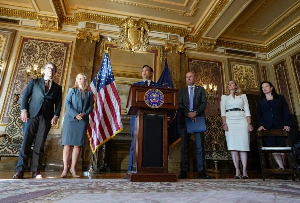 Utah Attorney General Sean Reyes speaks during a press conference following the announcement that Utah filed a lawsuit against TikTok at the Utah State Capitol in Salt Lake City, Utah on Tuesday, Oct. 10, 2023. (Bethany Baker/The Salt Lake Tribune via AP)