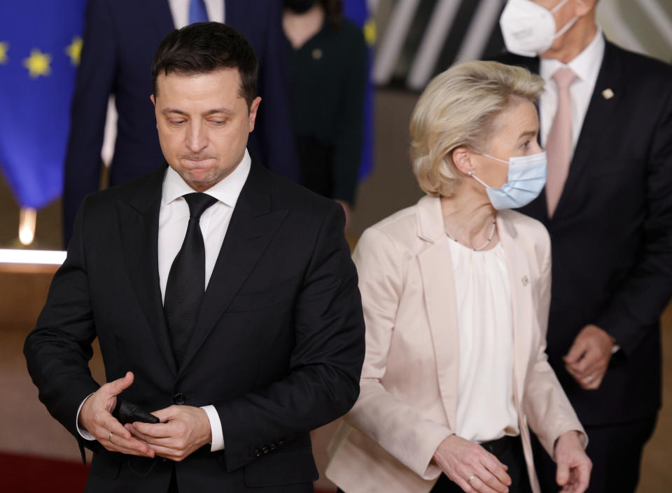 FILE - European Commission President Ursula von der Leyen, right, and Ukraine's President Volodymyr Zelenskyy, left, during a group photo at an Eastern Partnership Summit in Brussels, Wednesday, Dec. 15, 2021. Leaders from more than 40 countries will gather Thursday, Oct. 6, 2022, in Prague, to launch a "European Political Community" aimed at boosting security and economic prosperity across the continent, but critics claim the new forum is an attempt to put the brakes on European Union enlargement. (AP Photo/Olivier Matthys, File)