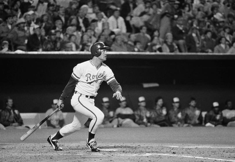 Kansas City Royals batter George Brett watches his second home run of the night.