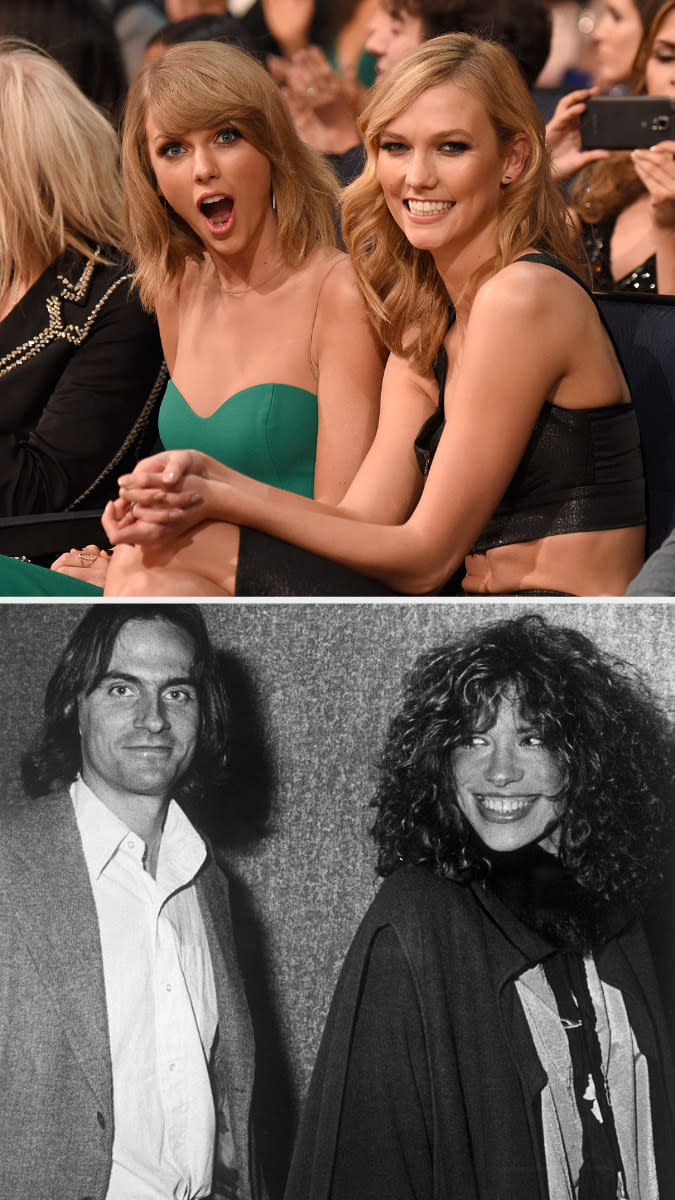 Swift and Kloss in 2014; Taylor and Simon in the late '70s
