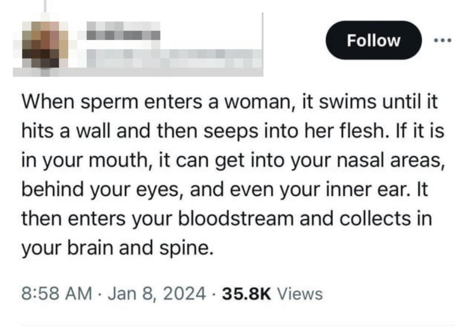 Someone claims when sperm enters a woman, it swims until it hits a wall and then seeps into the flesh, enters the bloodstream, and collects in the brain and spine