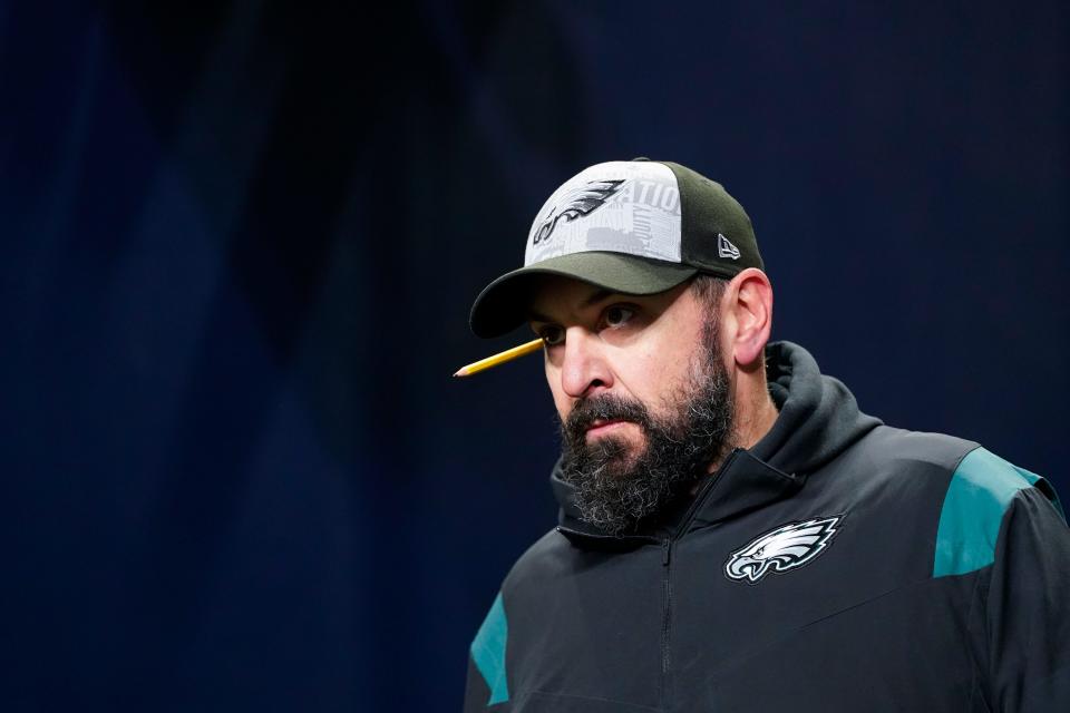 Philadelphia Eagles senior defensive assistant Matt Patricia walks out to the field during halftime of an NFL football game against the Seattle Seahawks, Monday, Dec. 18, 2023, in Seattle.