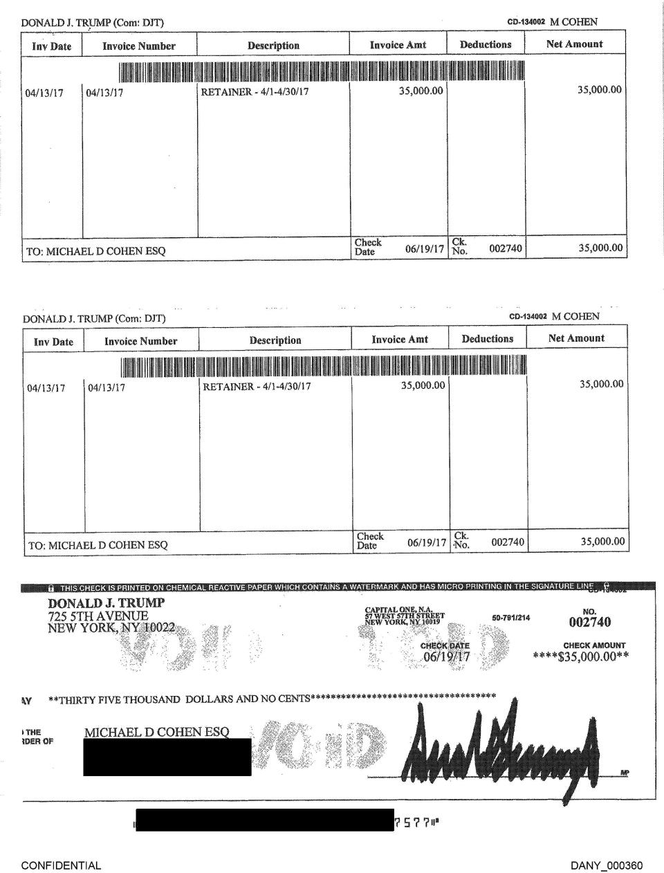 People's exhibit 10 shows a check allegedly signed by Trump for an April 2017 submitted by Michael Cohen.
