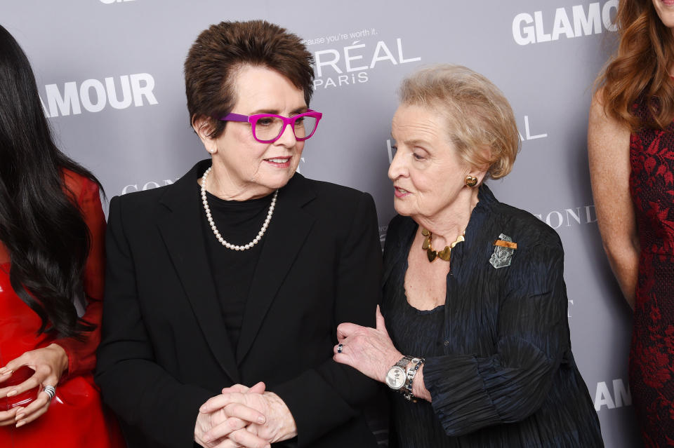 NEW YORK, NY - NOVEMBER 09:  Former Tennis player Billie Jean King and Former U.S. Secretary of State Madeleine Albright attends the 2015 Glamour Women Of The Year Awards at Carnegie Hall on November 9, 2015 in New York City.  (Photo by Dimitrios Kambouris/Getty Images for Glamour)