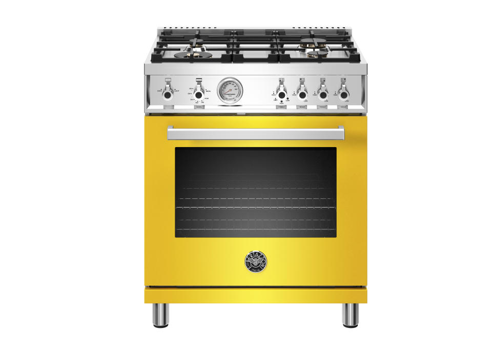 This photo provided by Bertazzoni shows one of their yellow ranges. With yellow's popularity increasing, homeowners are more inclined to introduce more substantial pieces that reflect their love for the hue. This yellow range from Italian maker Bertazzoni makes a bold, beautiful statement. (Bertazzoni via AP)