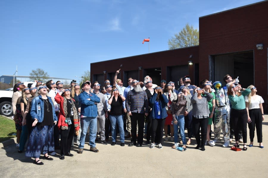 Some members of the WAVY team checking out the eclipse right around its peak Monday afternoon. April 8, 2024