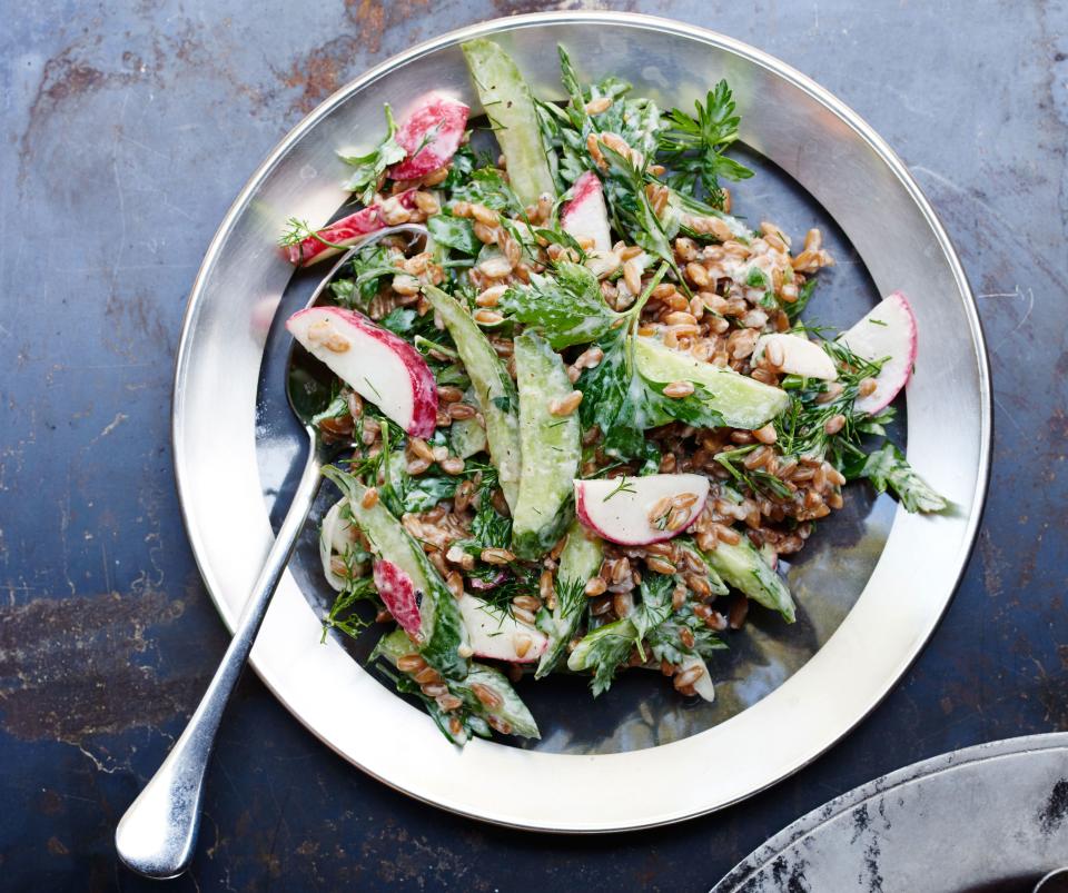 <h1 class="title">Rye Berry Salad with Cider-Yogurt Dressing and Herbs</h1><cite class="credit">Peden + Munk</cite>