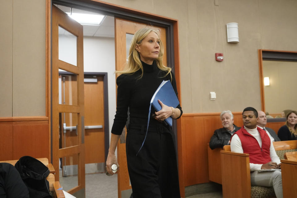 Gwyneth Paltrow enters the courtroom for her trial, Wednesday, March 29, 2023, in Park City, Utah, where she is accused in a lawsuit of crashing into a skier during a 2016 family ski vacation, leaving him with brain damage and four broken ribs. (AP Photo/Rick Bowmer)