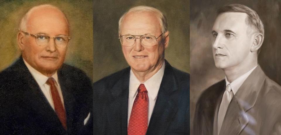 Portraits of Randolph “Buster” Murdaugh Jr. (left), Randolph Murdaugh III and Randolph Murdaugh Sr., hang in a courtroom in Hampton County’s Courthouse in Hampton, SC. Three generations of the Murdaugh family have served as solicitors for the 14th Circuit.