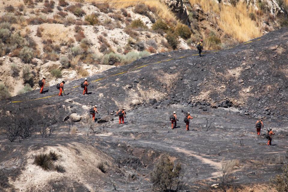 A fire crew walks through a charred field