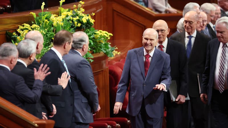 President Russell M. Nelson of The Church of Jesus Christ of Latter-day Saints waves to other leaders during the 193rd Annual General Conference of The Church of Jesus Christ of Latter-day Saints in Salt Lake City on Saturday, April 1, 2023.
