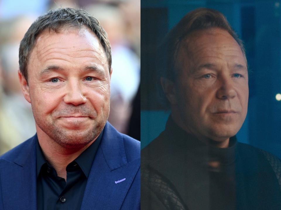 left: stephen graham smiling on a red carpet in a blue suit; right: graham as elias mannix in a black suit looking serious in bodies