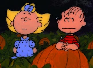 LINUS AND SALLY WAIT IN THE PUMPKIN PATCH FOR THE GREAT PUMPKIN TO APPEAR