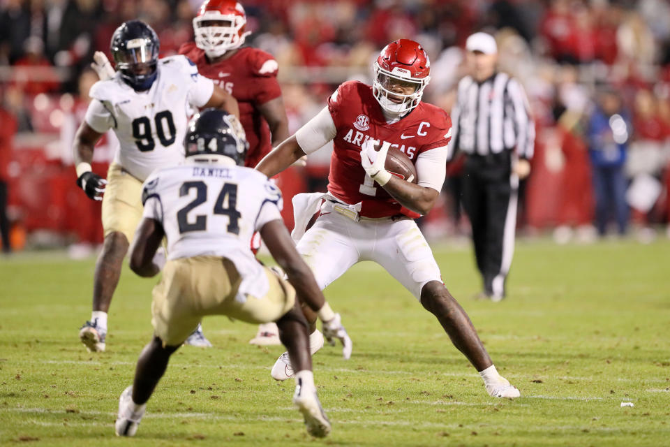 Nov 18, 2023; Fayetteville, Arkansas, USA; Arkansas Razorbacks quarterback KJ Jefferson (1) rushes during the second half against the FIU Panthers at Donald W. Reynolds Razorback Stadium. Arkansas won 44-20. Mandatory Credit: Nelson Chenault-USA TODAY Sports