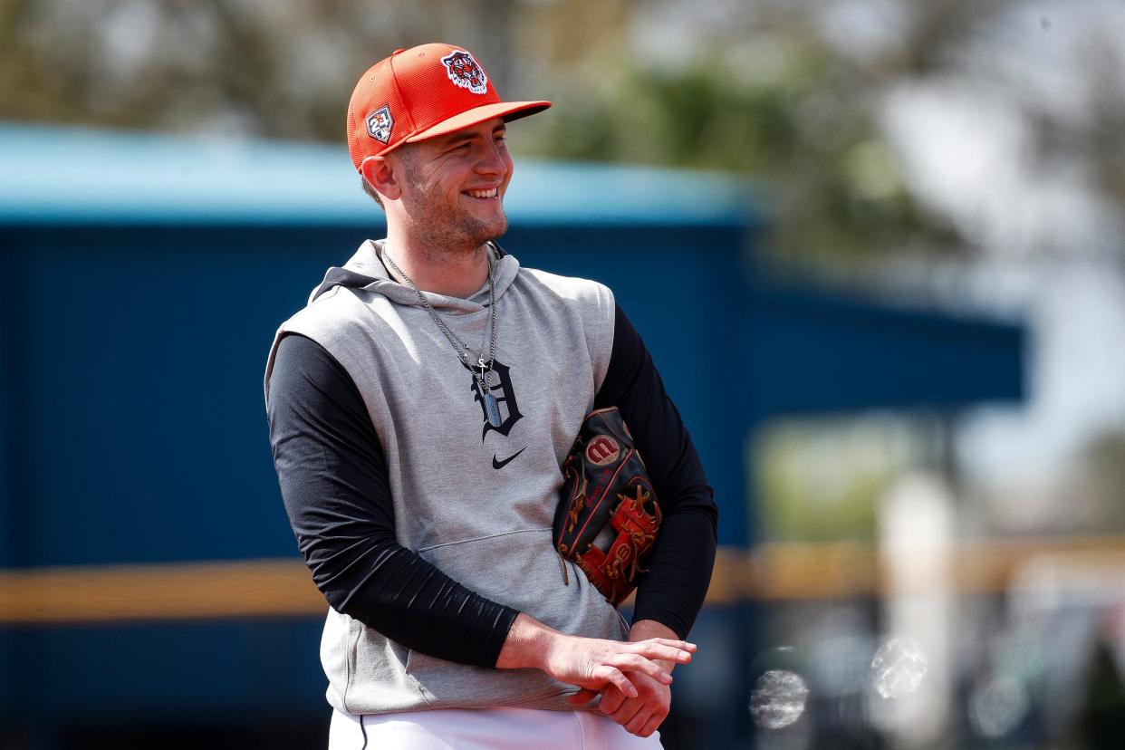 Detroit Tigers infielder Jace Jung practices during spring training at TigerTown in Lakeland, Fla. on Monday, Feb. 19, 2024.