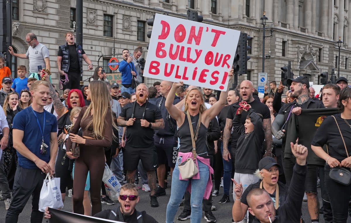 Protesters marching in central London against the ban of the XL bully  (PA)