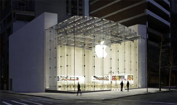 An Apple Store at night