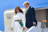 US President Donald Trump and First Lady Melania Trump disembark from Air Force One at Sardar Vallabhbhai Patel International Airport in Ahmedabad on February 24, 2020. (Photo by Mandel NGAN / AFP) (Photo by MANDEL NGAN/AFP via Getty Images)