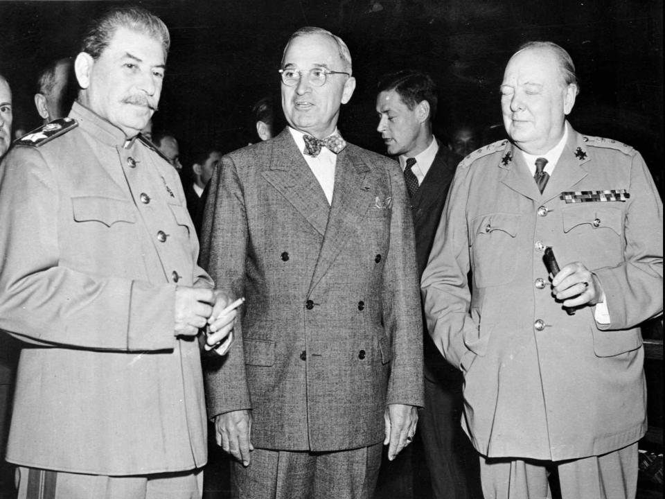 President Harry Truman with Soviet leader Josef Stalin and British Prime Minister Winston Churchill at the Potsdam Conference on July 17, 1945.